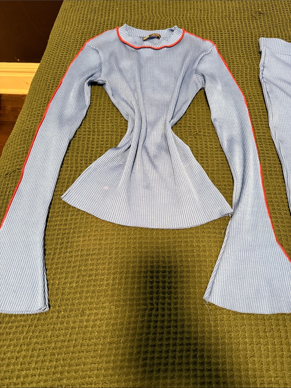 Zara Light Blue Ribbed Long Sleeve Top with Red Trim